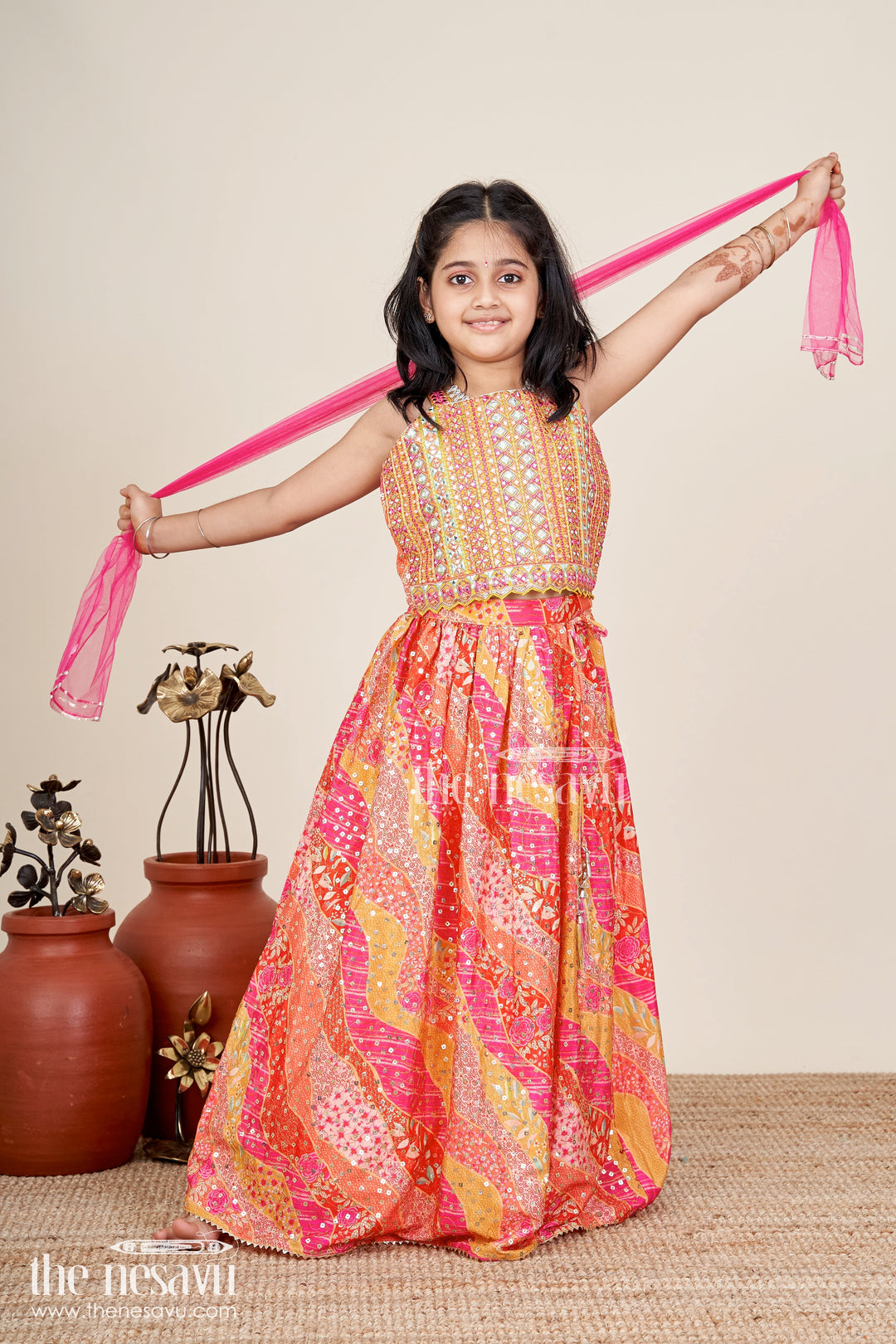The Nesavu Girls Fancy Lehenga Girls Lehenga for Festival in Bright Chiffon with Thread Embroidered Blouse and Mirror Work Skirt Nesavu 16 (1Y) / Yellow GL659A-16 Nesavu Bright Chiffon Girls Lehenga Festival Mirror Work Thread Embroidered Blouse