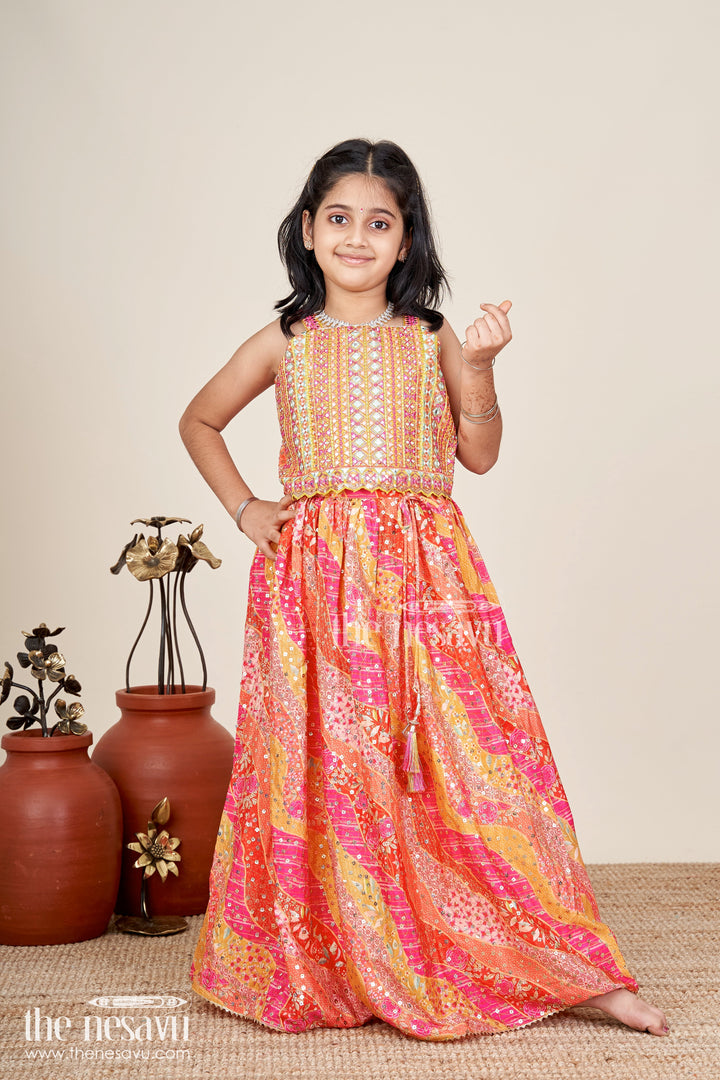 The Nesavu Girls Fancy Lehenga Girls Lehenga for Festival in Bright Chiffon with Thread Embroidered Blouse and Mirror Work Skirt Nesavu Nesavu Bright Chiffon Girls Lehenga Festival Mirror Work Thread Embroidered Blouse