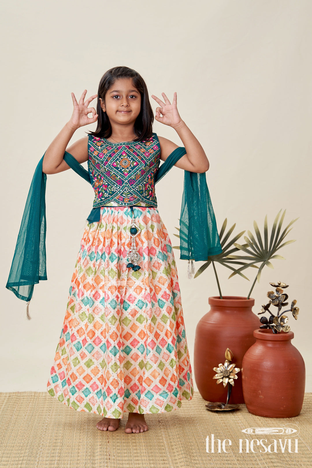 The Nesavu Girls Lehenga Choli Girls Lehenga Pink and Green with Mirror Embroidered Georgette Yoke and Multicolor Skirt Nesavu 18 (2Y) / Multicolor GL651A-18 Nesavu Girls Georgette Lehenga Pink Green Mirror Work Choli lehenga pink green