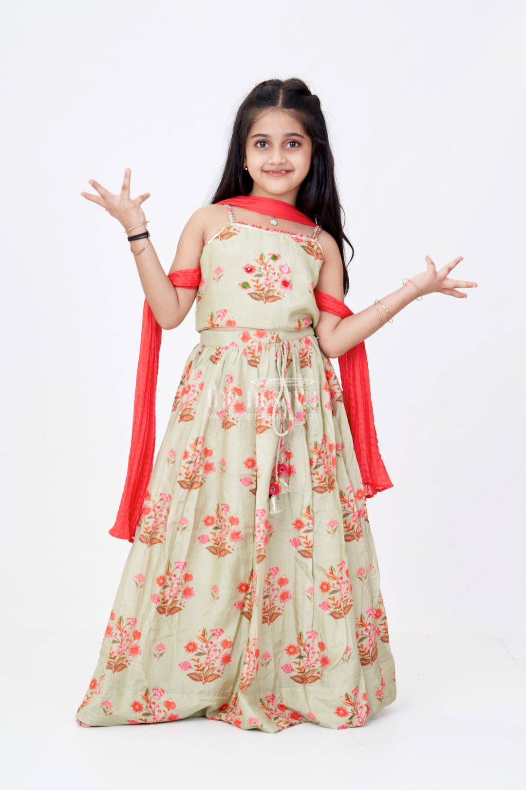 The Nesavu Girls Lehenga Choli Girls Lehenga Pista Colour in Viscose Silk with Mirror Embroidery and Red Dupatta for Festive Look Nesavu 16 (1Y) / Green GL615B-16 Nesavu Girls Lehenga Pista Colour Viscose Silk Mirror Embroidery Floral Dupatta Set