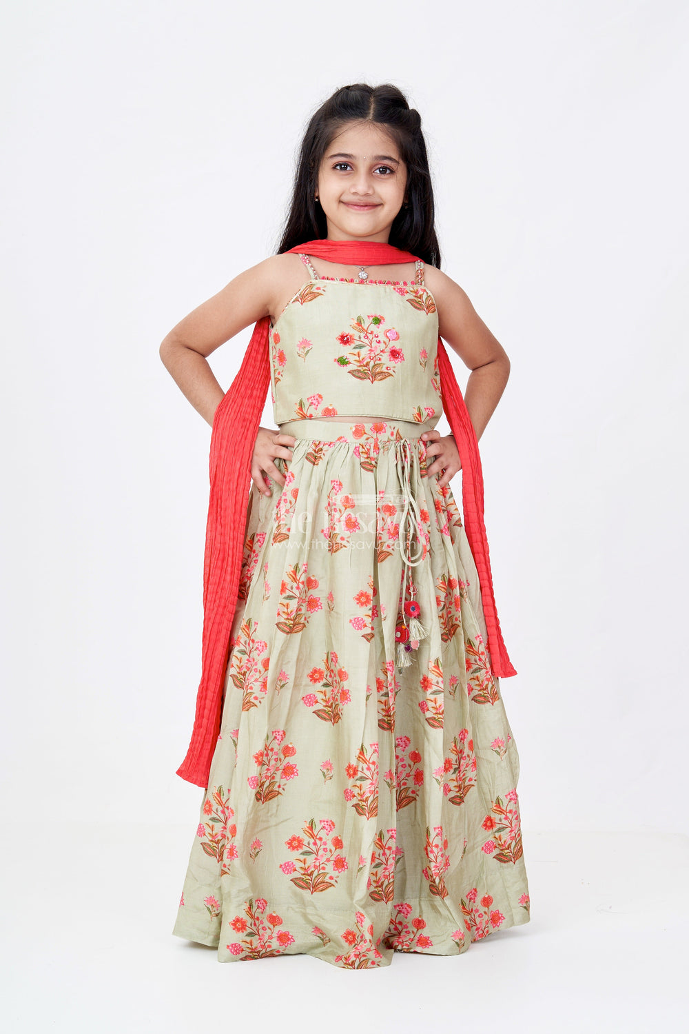 The Nesavu Girls Lehenga Choli Girls Lehenga Pista Colour in Viscose Silk with Mirror Embroidery and Red Dupatta for Festive Look Nesavu Nesavu Girls Lehenga Pista Colour Viscose Silk Mirror Embroidery Floral Dupatta Set