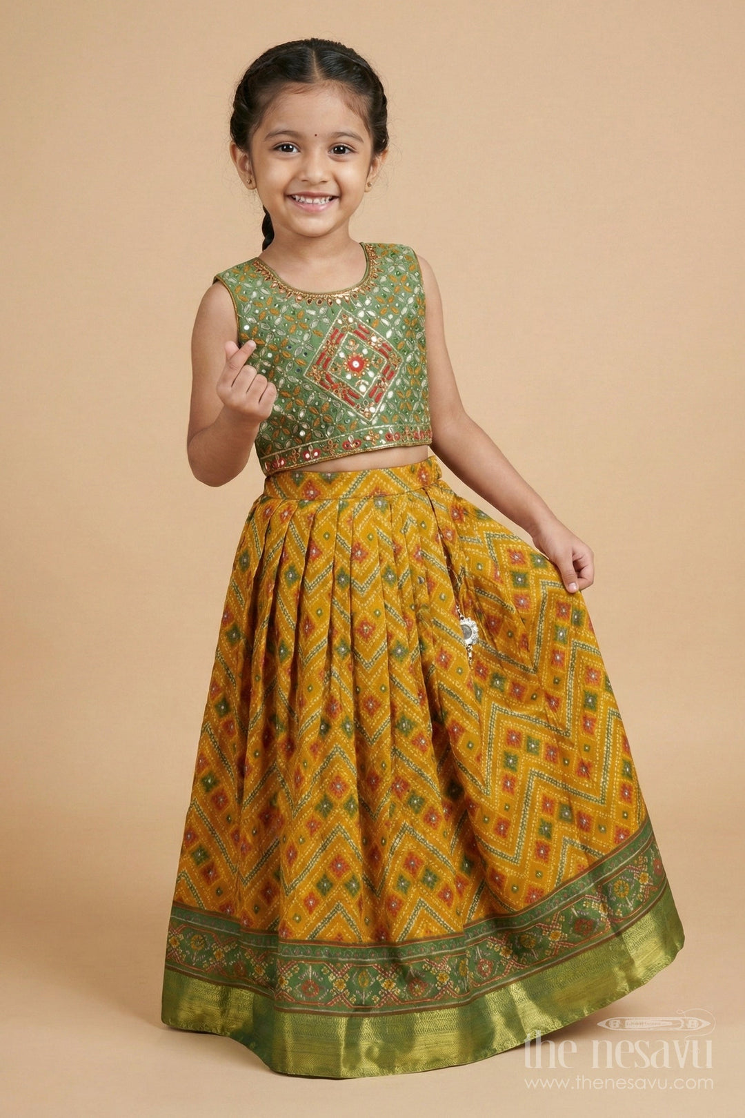 The Nesavu Girls Ethnic Lehenga Girls Lehenga Set for Festivals and Traditional Celebrations Nesavu Nesavu girls lehenga set for festivals in yellow semi silk cotton with digital print
