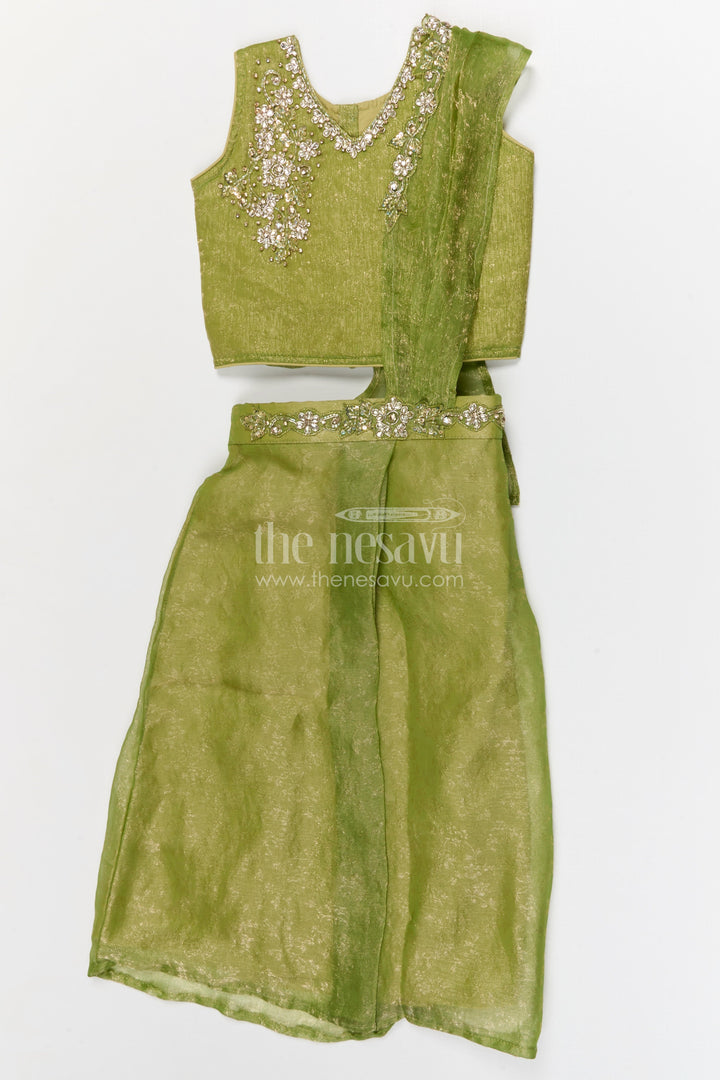 The Nesavu Girls Ethnic Lehenga Girls Lehenga Set for Festive Celebrations and Weddings Nesavu 18 (2Y) / Green / Organza Tissue GL875A-18 Nesavu girls tissue organza lehenga set for weddings festive celebrations and special occasions