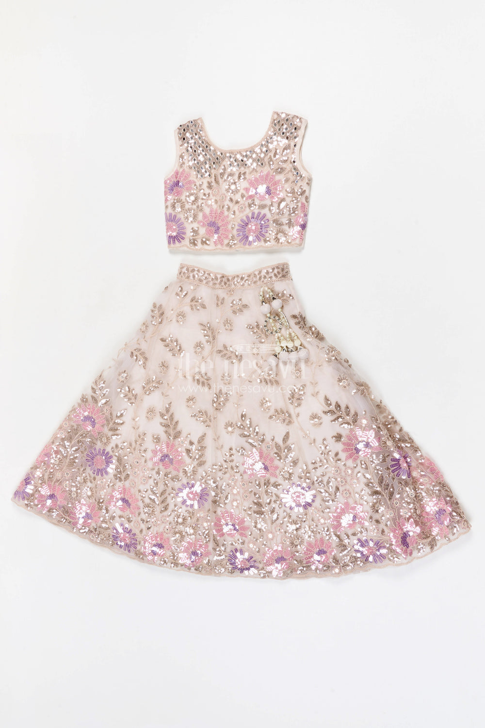 The Nesavu Girls Fancy Lehenga Girls Lehenga Set for Weddings and Grand Festive Celebrations Nesavu 24 (5Y) / Cream / Net GL874A-24 Nesavu girls soft net lehenga set with designer embroidered yoke for weddings