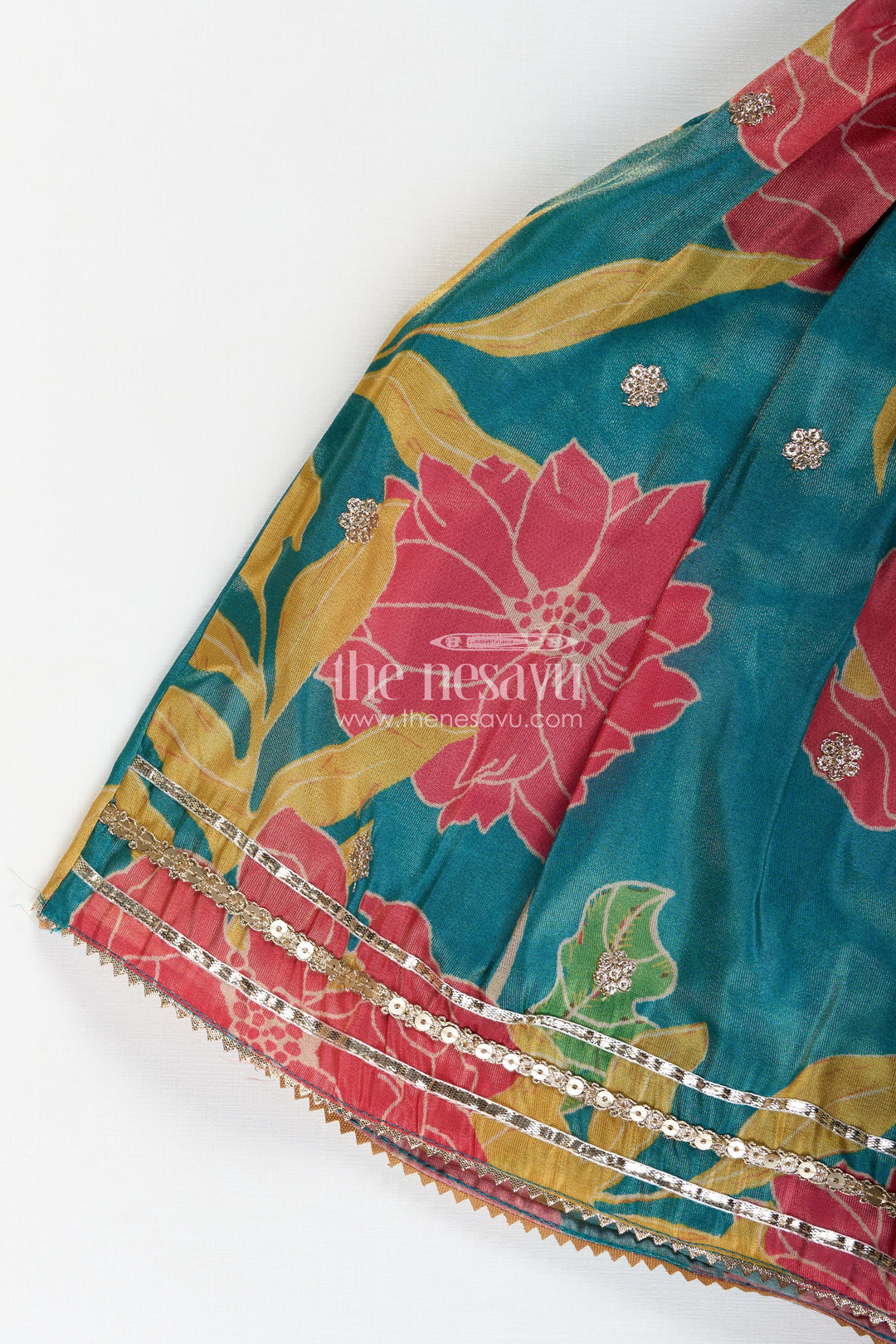 The Nesavu Girls Fancy Lehenga Girls Lehenga with Embroidery in Teal Georgette Featuring Floral Digital Print and Coordinated Blouse Nesavu Nesavu Teal Floral Printed Girls Lehenga Embroidery Sleeveless Blouse Festive Comfort
