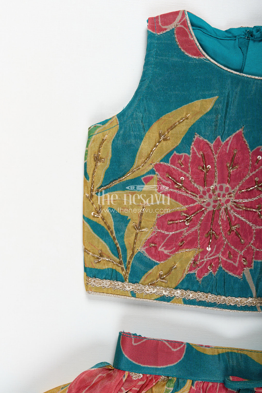 The Nesavu Girls Fancy Lehenga Girls Lehenga with Embroidery in Teal Georgette Featuring Floral Digital Print and Coordinated Blouse Nesavu Nesavu Teal Floral Printed Girls Lehenga Embroidery Sleeveless Blouse Festive Comfort