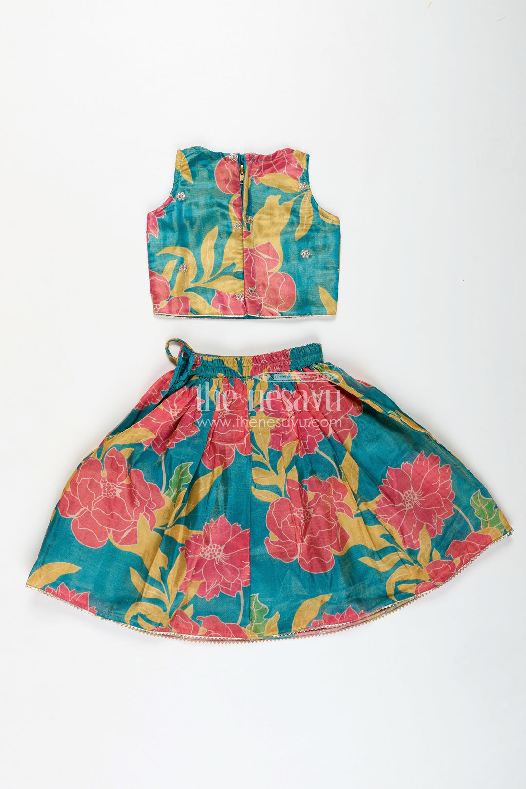 The Nesavu Girls Fancy Lehenga Girls Lehenga with Embroidery in Teal Georgette Featuring Floral Digital Print and Coordinated Blouse Nesavu Nesavu Teal Floral Printed Girls Lehenga Embroidery Sleeveless Blouse Festive Comfort