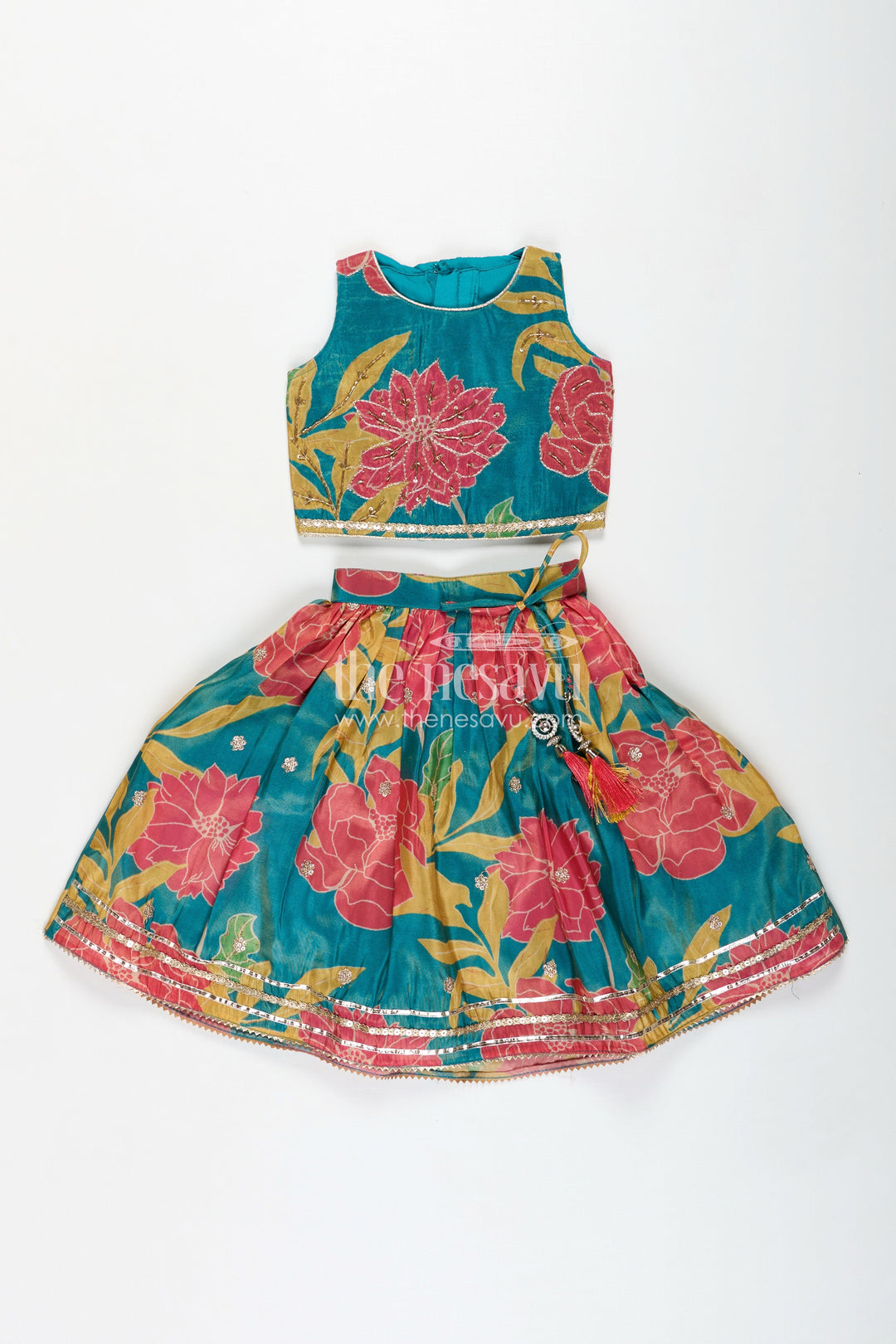 The Nesavu Girls Fancy Lehenga Girls Lehenga with Embroidery in Teal Georgette Featuring Floral Digital Print and Coordinated Blouse Nesavu Nesavu Teal Floral Printed Girls Lehenga Embroidery Sleeveless Blouse Festive Comfort