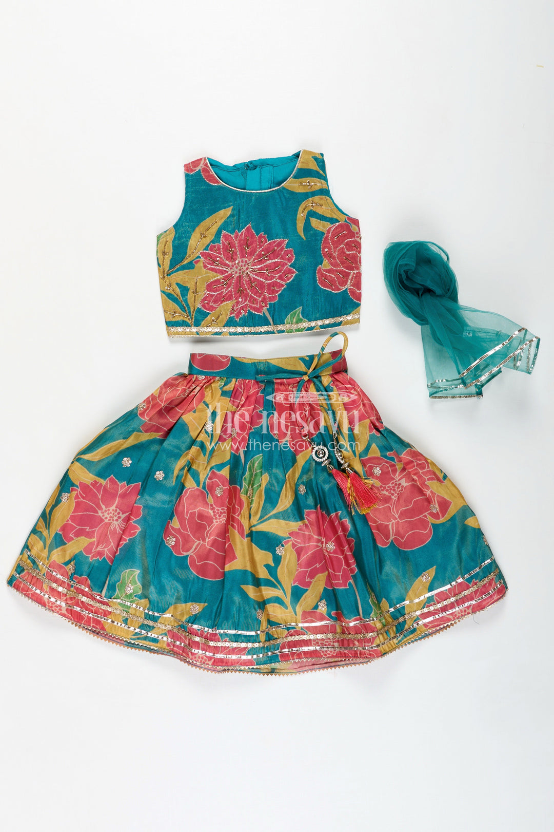 The Nesavu Girls Fancy Lehenga Girls Lehenga with Embroidery in Teal Georgette Featuring Floral Digital Print and Coordinated Blouse Nesavu Nesavu Teal Floral Printed Girls Lehenga Embroidery Sleeveless Blouse Festive Comfort
