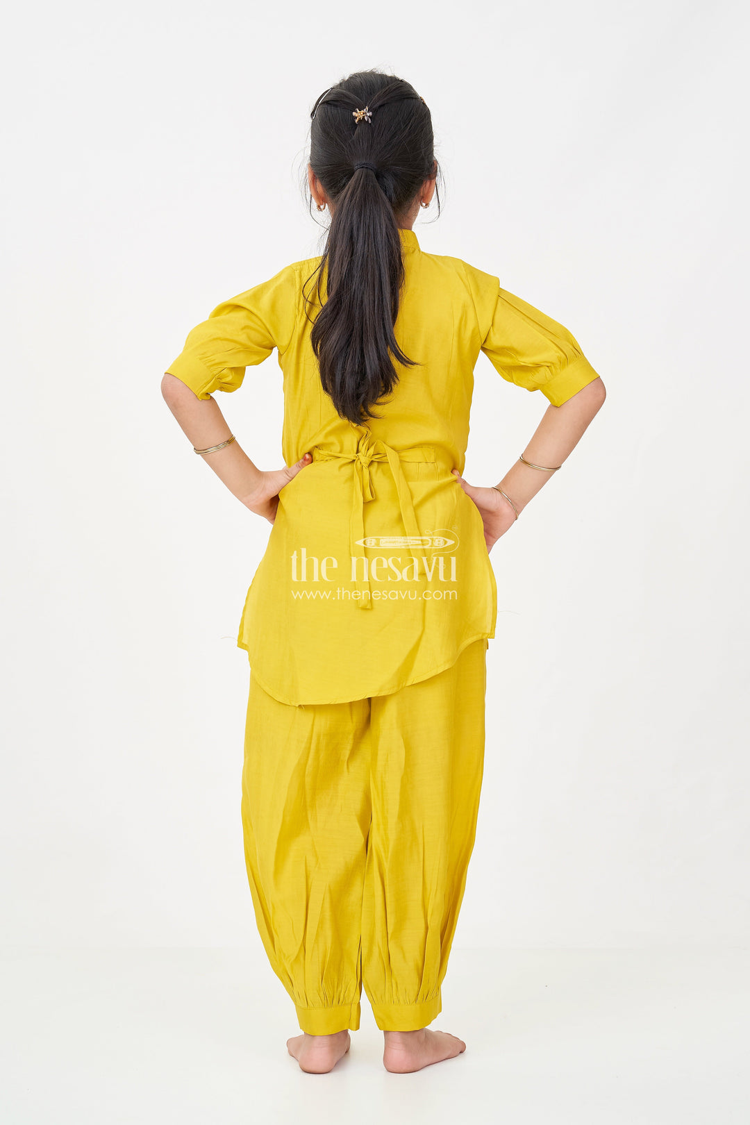 The Nesavu Girls Sharara / Plazo Set Girls lemon yellow sharara Set in Modal Silk with Artistic Embroidery and Statement Kurti Design Nesavu Nesavu Girls lemon yellow sharara Set Modal Silk Artistic Embroidery Modern Ethnic Style