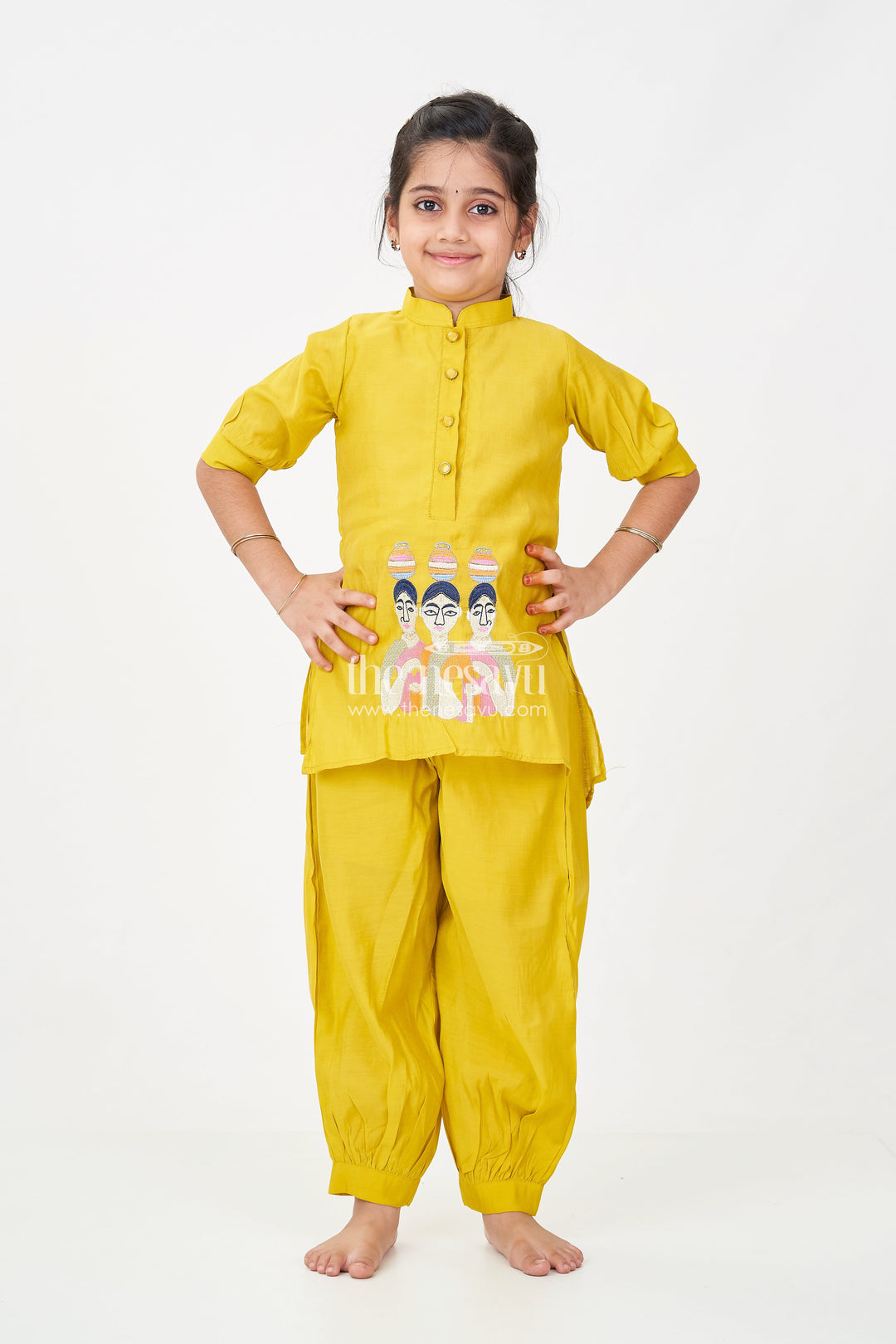 The Nesavu Girls Sharara / Plazo Set Girls lemon yellow sharara Set in Modal Silk with Artistic Embroidery and Statement Kurti Design Nesavu Nesavu Girls lemon yellow sharara Set Modal Silk Artistic Embroidery Modern Ethnic Style