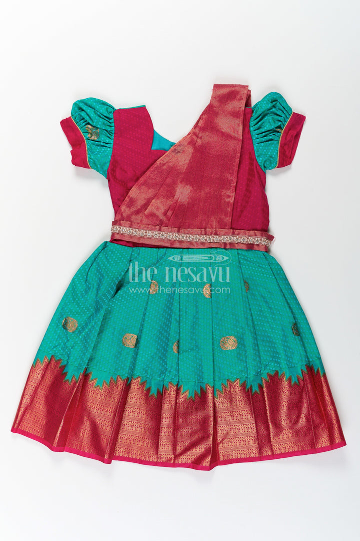 The Nesavu Girls Kanchi Silk Frock Girls Light Blue Dress Silk in Semi Kanchivaram with Maroon Borders and Stone Lace Embellished Dupatta Nesavu 22 (4Y) / Red / Style 5 SF853AE-22 Nesavu Light Blue Dress Silk for Girls in Semi Kanchivaram with Stone Lace and Maroon Traditional Accents