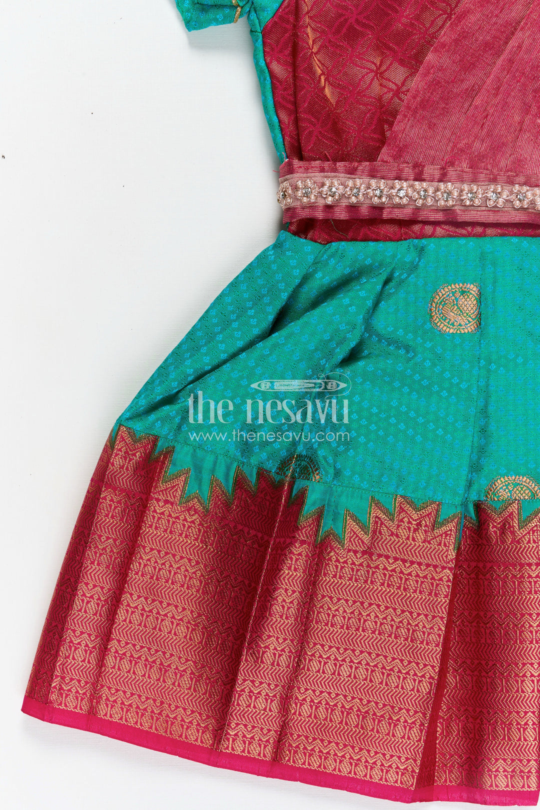 The Nesavu Girls Kanchi Silk Frock Girls Light Blue Dress Silk in Semi Kanchivaram with Maroon Borders and Stone Lace Embellished Dupatta Nesavu Light Blue Dress Silk for Girls in Semi Kanchivaram with Stone Lace and Maroon | The Nesavu