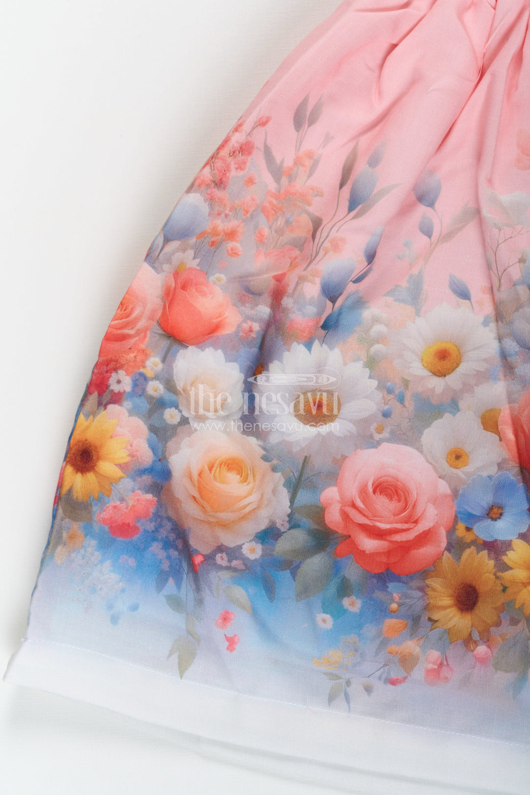 The Nesavu Girls Cotton Frock Girls Light Pink Frock in Cotton Blend with Pleated Bodice and Floral Digital Print Nesavu Nesavu Girls Light Pink Frock Cotton Blend Pleated Bodice Floral Digital Print