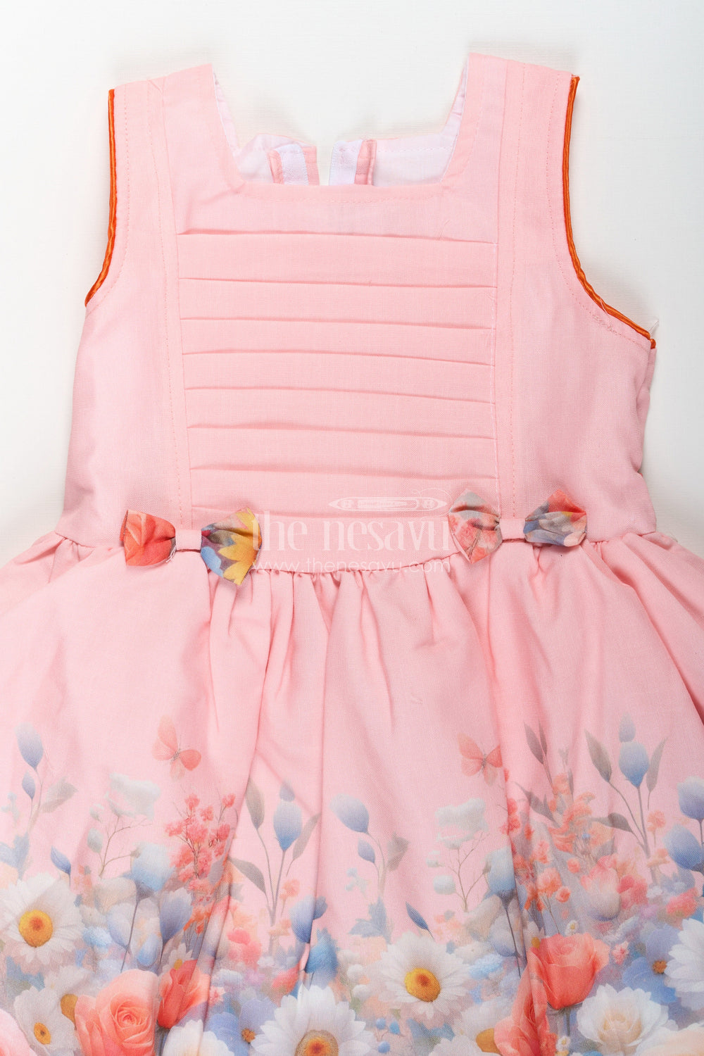 The Nesavu Girls Cotton Frock Girls Light Pink Frock in Cotton Blend with Pleated Bodice and Floral Digital Print Nesavu Nesavu Girls Light Pink Frock Cotton Blend Pleated Bodice Floral Digital Print