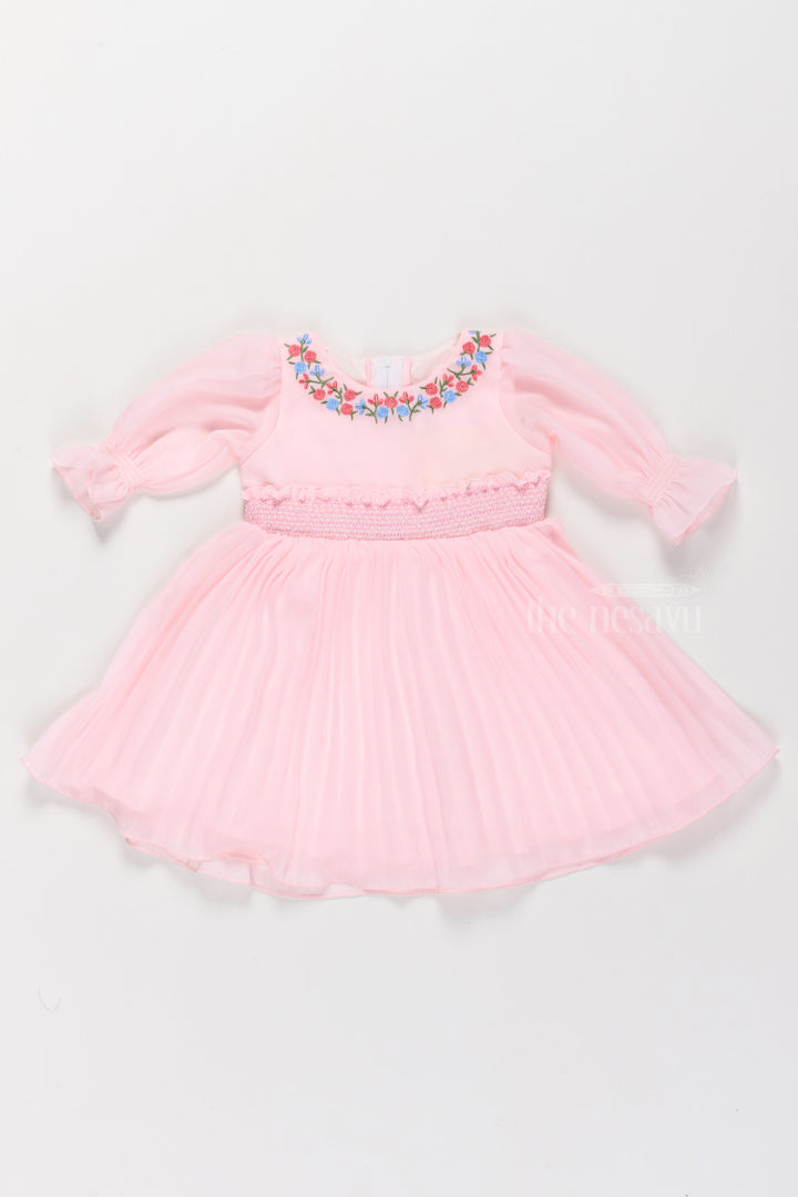 The Nesavu Girls Fancy Frock Girls Light Pink Georgette Frock with Balloon Sleeves and Embroidered Neckline in frock new style Nesavu 16 (1Y) / Pink GFC1508B-16 Nesavu Girls Pink Georgette Frock Embroidered Neckline Balloon Sleeves frock new style