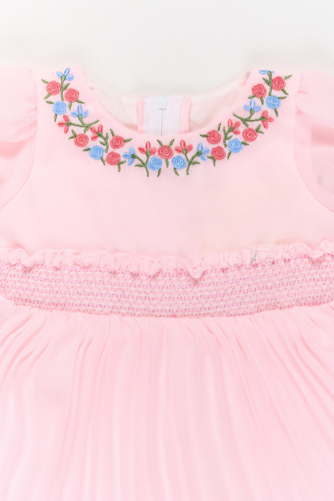 The Nesavu Girls Fancy Frock Girls Light Pink Georgette Frock with Balloon Sleeves and Embroidered Neckline in frock new style Nesavu Nesavu Girls Pink Georgette Frock Embroidered Neckline Balloon Sleeves frock new style
