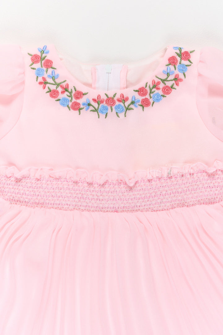 The Nesavu Girls Fancy Frock Girls Light Pink Georgette Frock with Balloon Sleeves and Embroidered Neckline in frock new style Nesavu Nesavu Girls Pink Georgette Frock Embroidered Neckline Balloon Sleeves frock new style