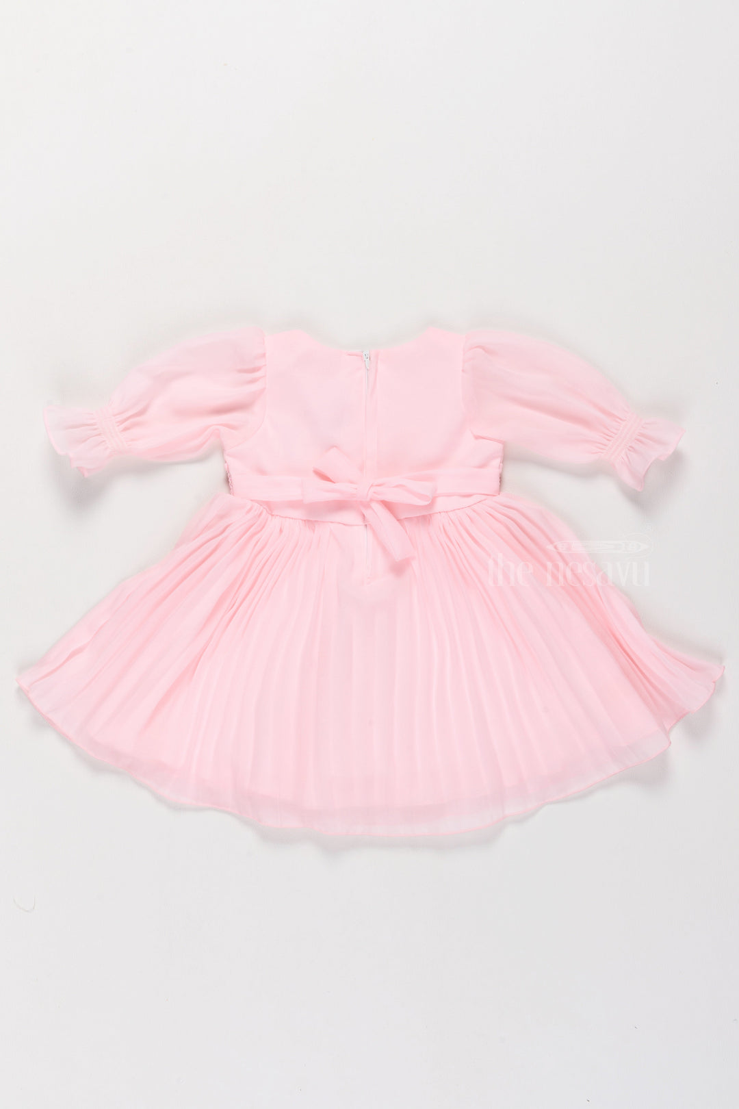 The Nesavu Girls Fancy Frock Girls Light Pink Georgette Frock with Balloon Sleeves and Embroidered Neckline in frock new style Nesavu Nesavu Girls Pink Georgette Frock Embroidered Neckline Balloon Sleeves frock new style