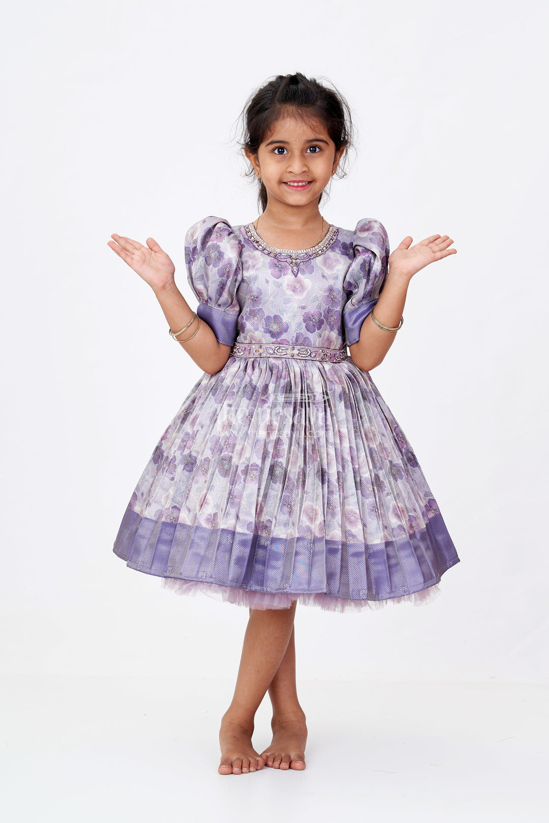 The Nesavu Silk Frock Girls Light Purple Colour Frock with Floral Digital Print and Puff Sleeves for Festive Wear Nesavu 16 (1Y) / Purple SF977A-16 Nesavu Girls Light Purple Colour Silk Frock Floral Digital Print Puff Sleeves Festive Wear