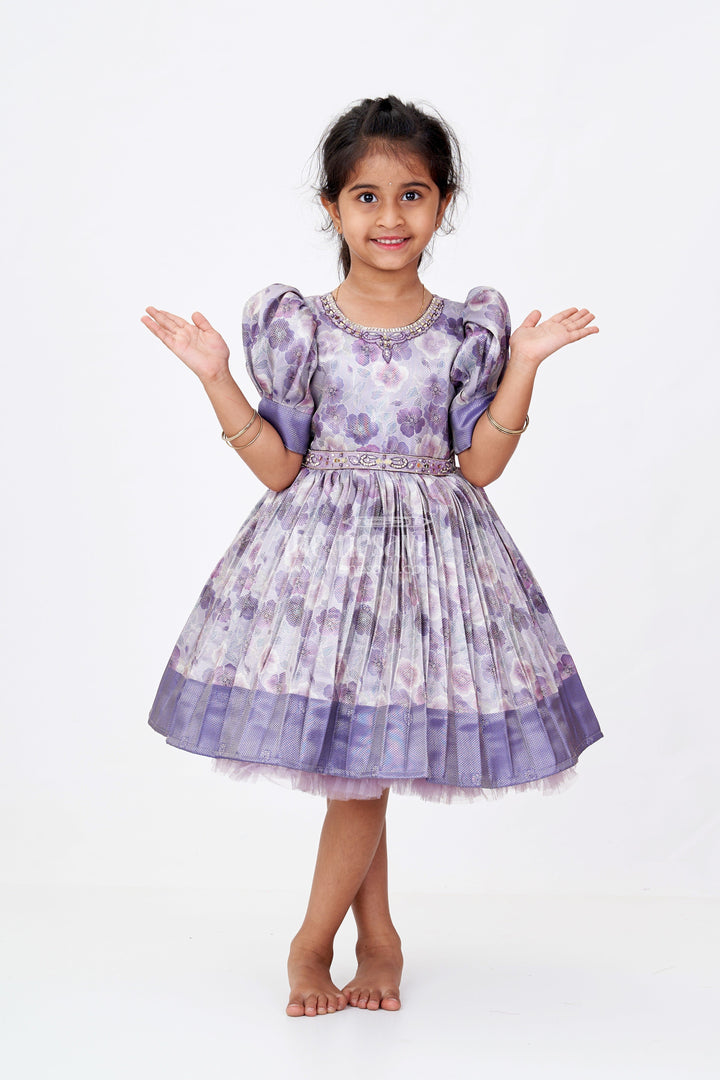 The Nesavu Silk Frock Girls Light Purple Colour Frock with Floral Digital Print and Puff Sleeves for Festive Wear Nesavu 16 (1Y) / Purple SF977A-16 Nesavu Girls Light Purple Colour Silk Frock Floral Digital Print Puff Sleeves Festive Wear