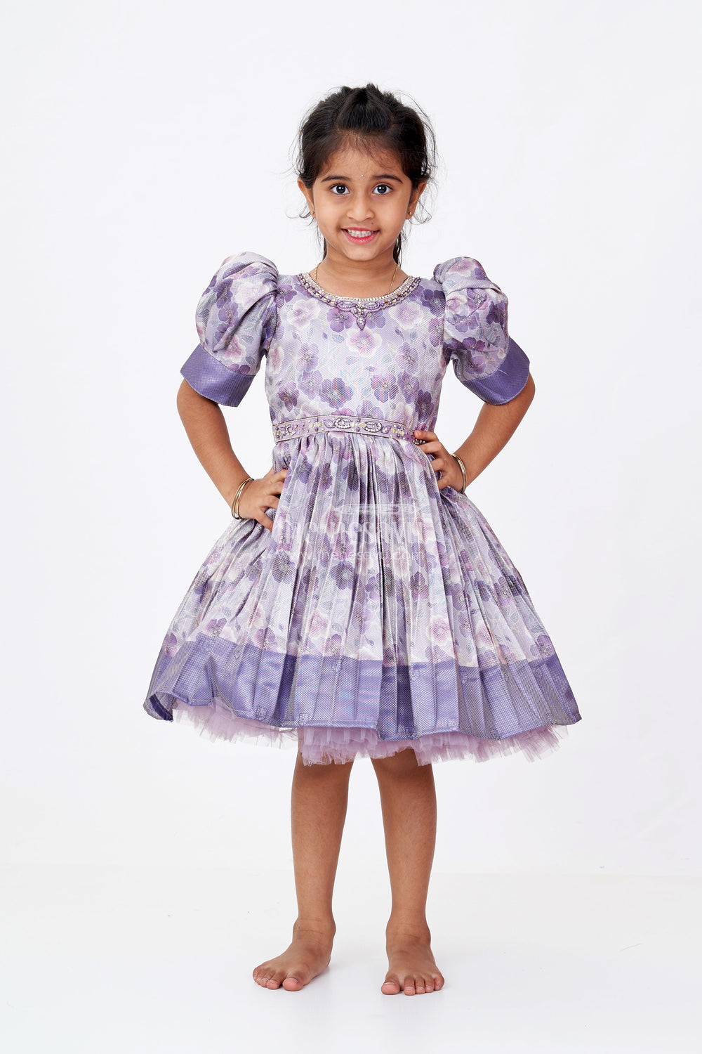 The Nesavu Silk Frock Girls Light Purple Colour Frock with Floral Digital Print and Puff Sleeves for Festive Wear Nesavu Nesavu Girls Light Purple Colour Silk Frock Floral Digital Print Puff Sleeves Festive Wear