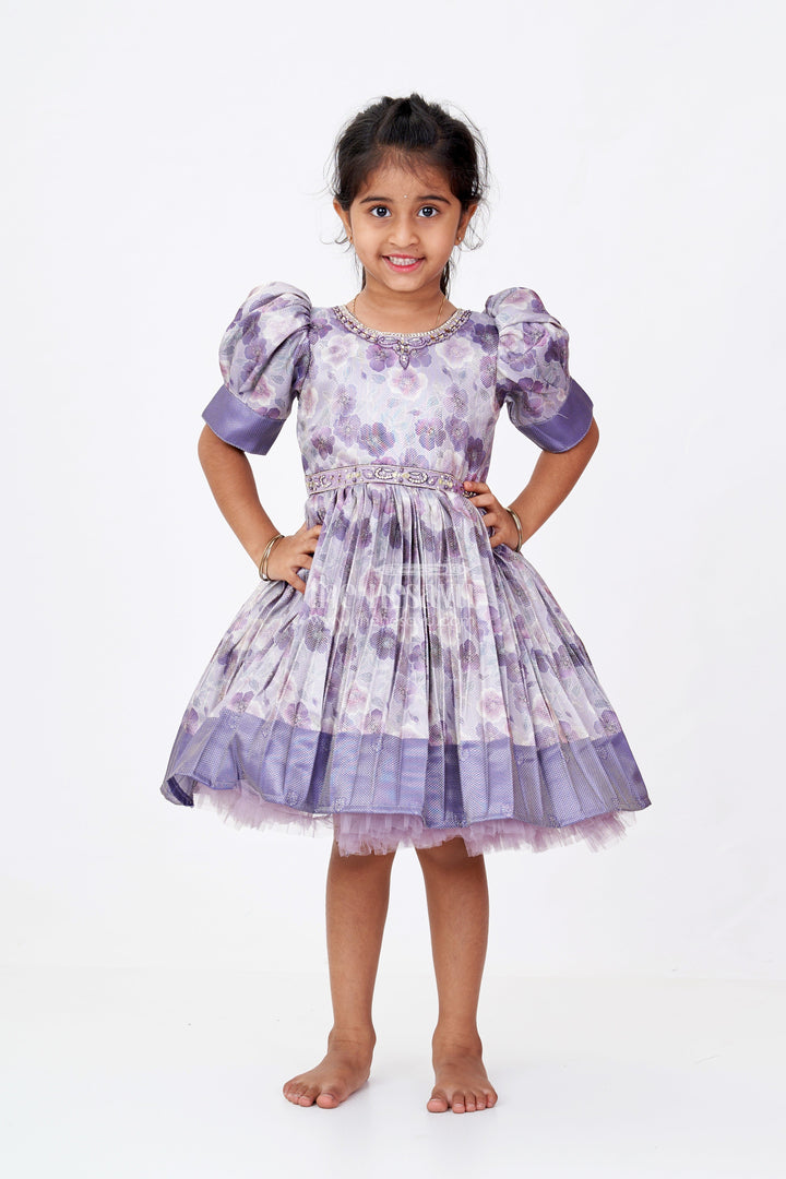 The Nesavu Silk Frock Girls Light Purple Colour Frock with Floral Digital Print and Puff Sleeves for Festive Wear Nesavu Nesavu Girls Light Purple Colour Silk Frock Floral Digital Print Puff Sleeves Festive Wear