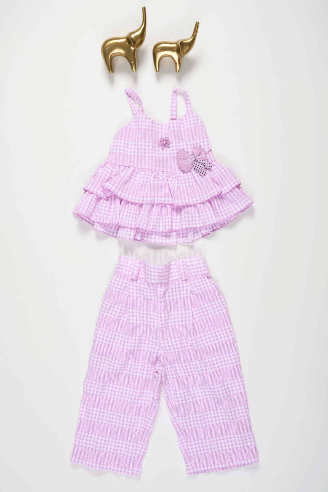 The Nesavu Girls Casual Set Girls Lilac Plaid Casual Co-Ord Set with Sleeveless Ruffled Top and Capri Pants Nesavu 16 (1Y) / Pink GPS435A-16 Nesavu Girls Plaid Co-Ord Set Ruffled Sleeveless Top Matching Capri Pants