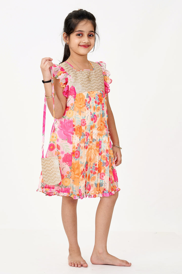 The Nesavu Girls Cotton Frock Girls Little Red Dress in Floral Georgette with Sequin Yoke and Matching Pouch Accessory Nesavu 22 (4Y) / Orange GFC1660A-22 Nesavu Girls Little Red Dress Georgette Floral Print Sequin Yoke Pouch Accessory
