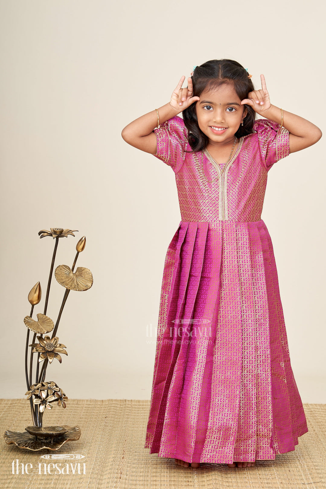 The Nesavu Girls Silk Gown Girls Long Anarkali Dress in Semi Banaras Silk with Royal Maroon Zari Weave and Grand Pleated Skirt Nesavu 20 (3Y) / Purple GA330B-20 Nesavu Girls Long Anarkali Dress Maroon Semi Banaras Silk Gold Zari Flared Pleated Hem