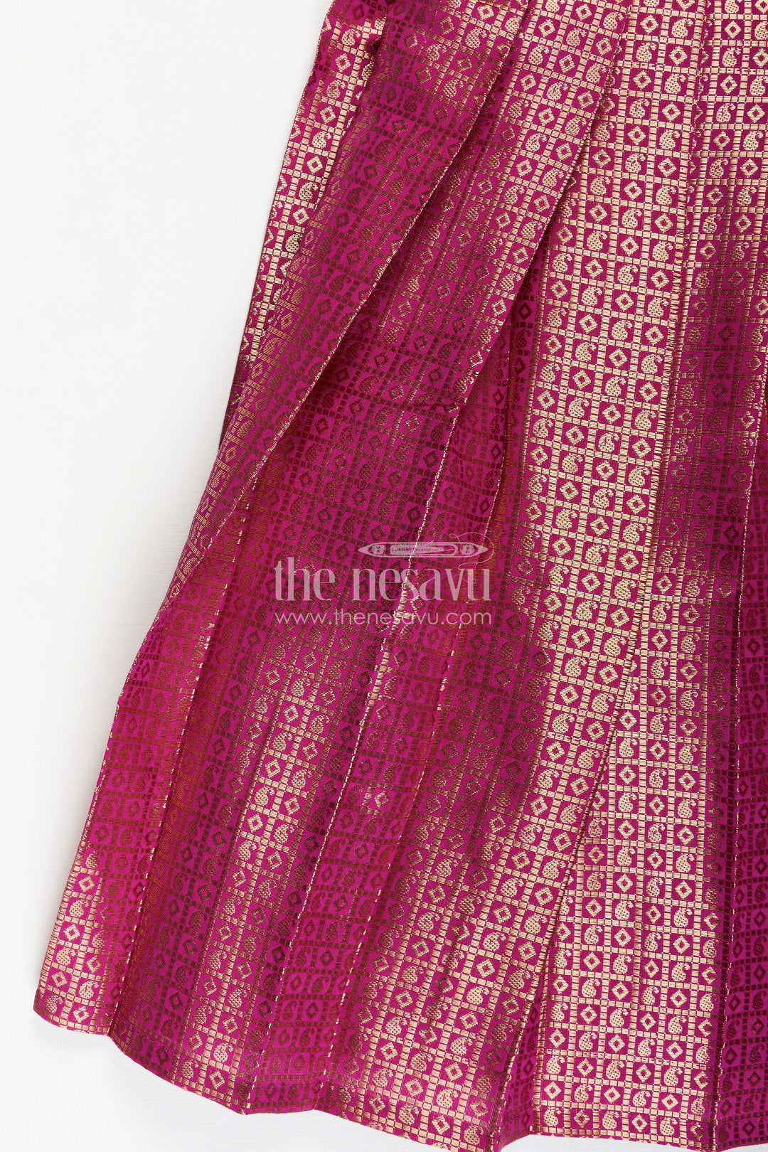 The Nesavu Girls Silk Gown Girls Long Anarkali Dress in Semi Banaras Silk with Royal Maroon Zari Weave and Grand Pleated Skirt Nesavu Nesavu Girls Long Anarkali Dress Maroon Semi Banaras Silk Gold Zari Flared Pleated Hem