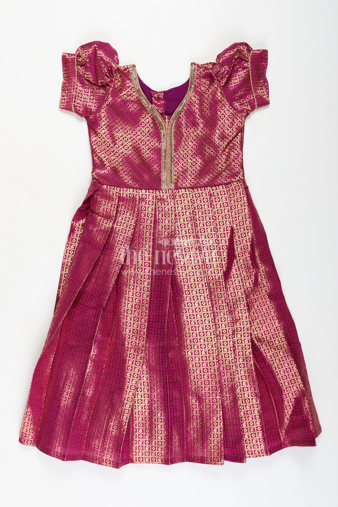 The Nesavu Girls Silk Gown Girls Long Anarkali Dress in Semi Banaras Silk with Royal Maroon Zari Weave and Grand Pleated Skirt Nesavu Nesavu Girls Long Anarkali Dress Maroon Semi Banaras Silk Gold Zari Flared Pleated Hem