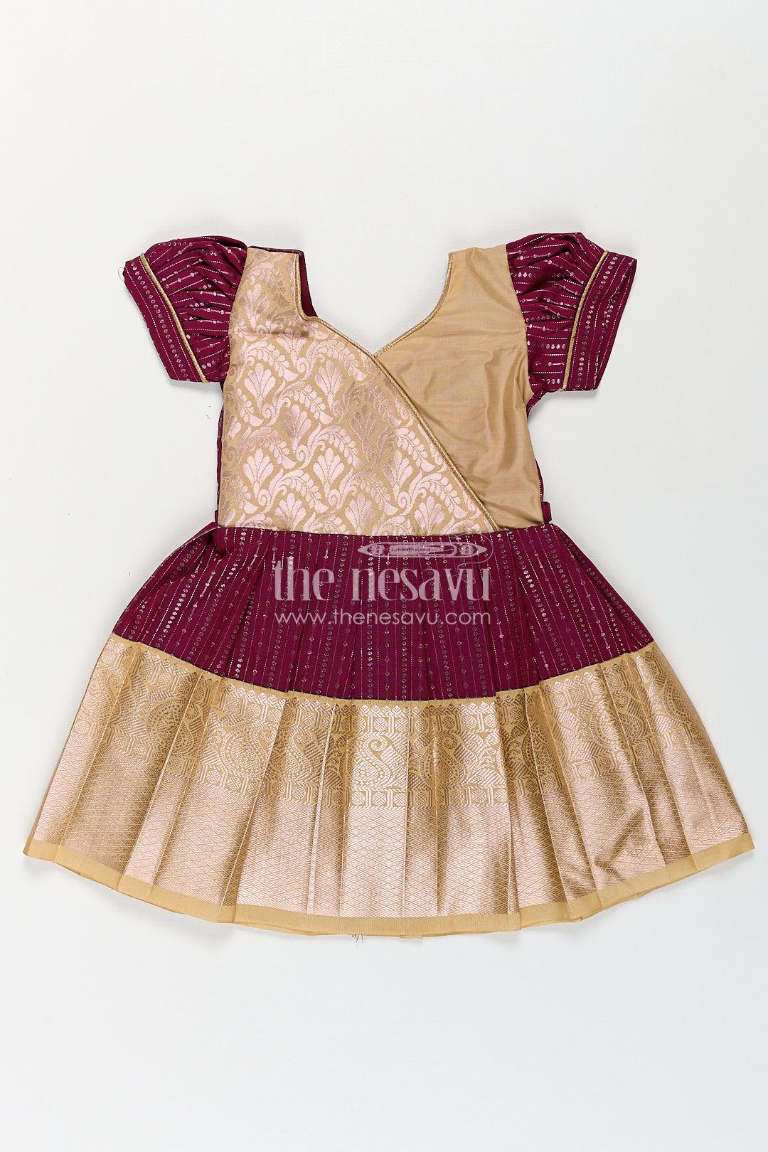 The Nesavu Silk Frock Girls Long Frock Design in Silk with Rich Maroon and Gold Combination in Semi Kanchivaram Fabric Nesavu 14 (6M) / Brown / Style 1 SF823GA-14 Nesavu Elegant Girls Silk Long Frock Semi Kanchivaram Maroon Gold Contrast Festive Wear