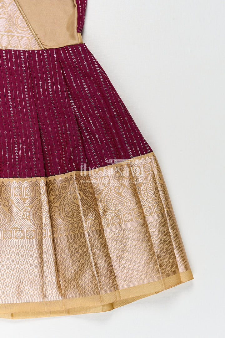 The Nesavu Silk Frock Girls Long Frock Design in Silk with Rich Maroon and Gold Combination in Semi Kanchivaram Fabric Nesavu Nesavu Elegant Girls Silk Long Frock Semi Kanchivaram Maroon Gold Contrast Festive Wear