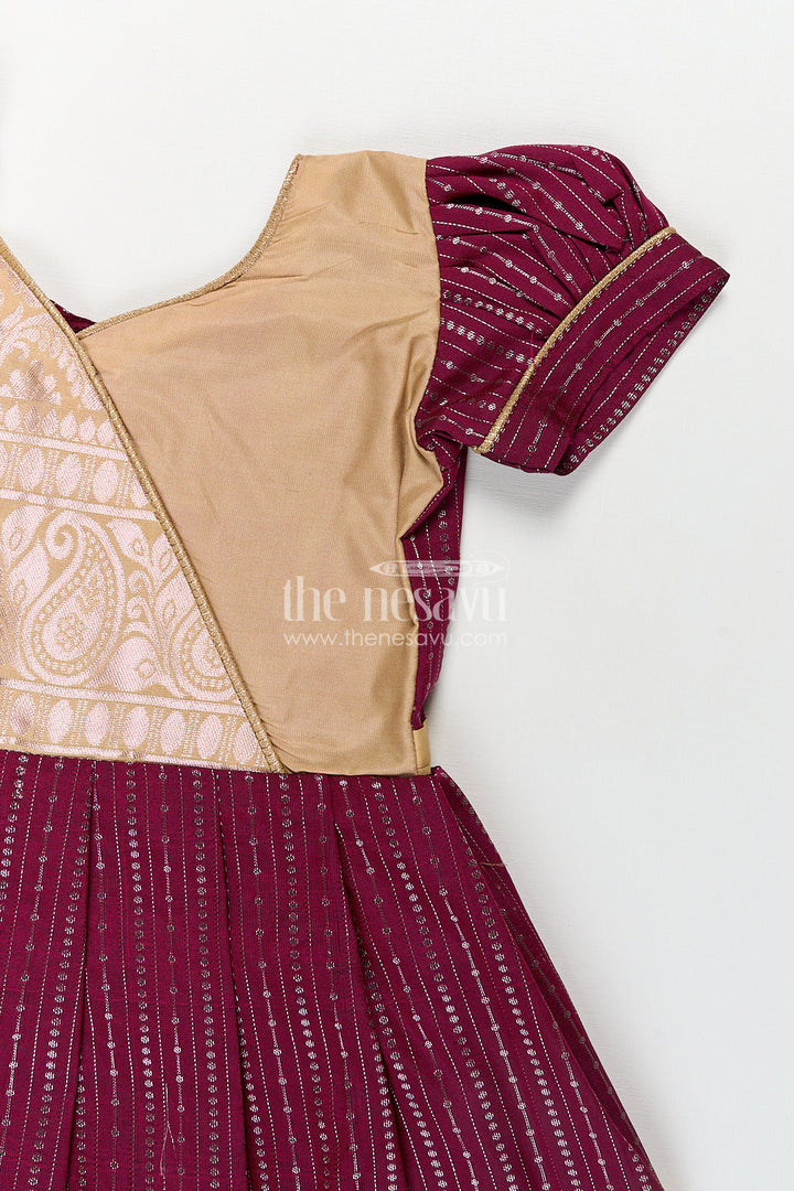 The Nesavu Silk Frock Girls Long Frock Design in Silk with Rich Maroon and Gold Combination in Semi Kanchivaram Fabric Nesavu Nesavu Elegant Girls Silk Long Frock Semi Kanchivaram Maroon Gold Contrast Festive Wear