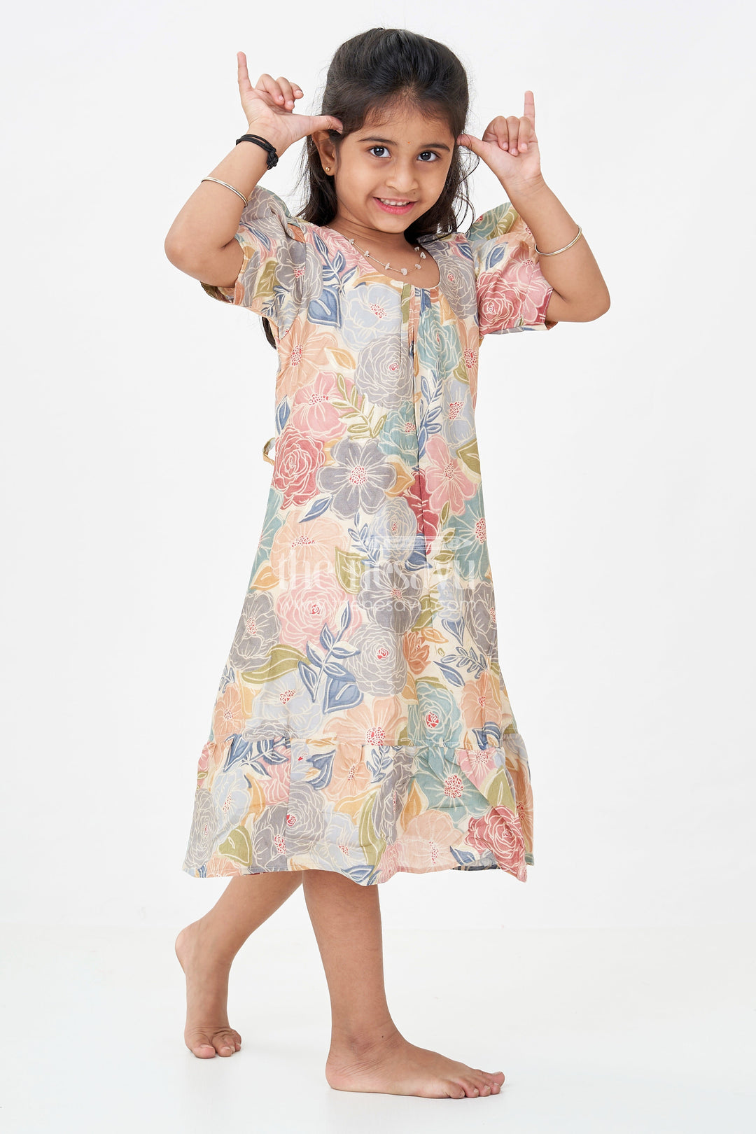 The Nesavu Girls Fancy Frock Girls Long Frock Models Latest in Moadal Silk with Bold Floral Print and Flowy Ruffle Hem Nesavu 18 (2Y) / Green GFC1758B-18 Nesavu Girls Long Frock Models Latest Moadal Silk Floral Digital Print Ruffle Hem