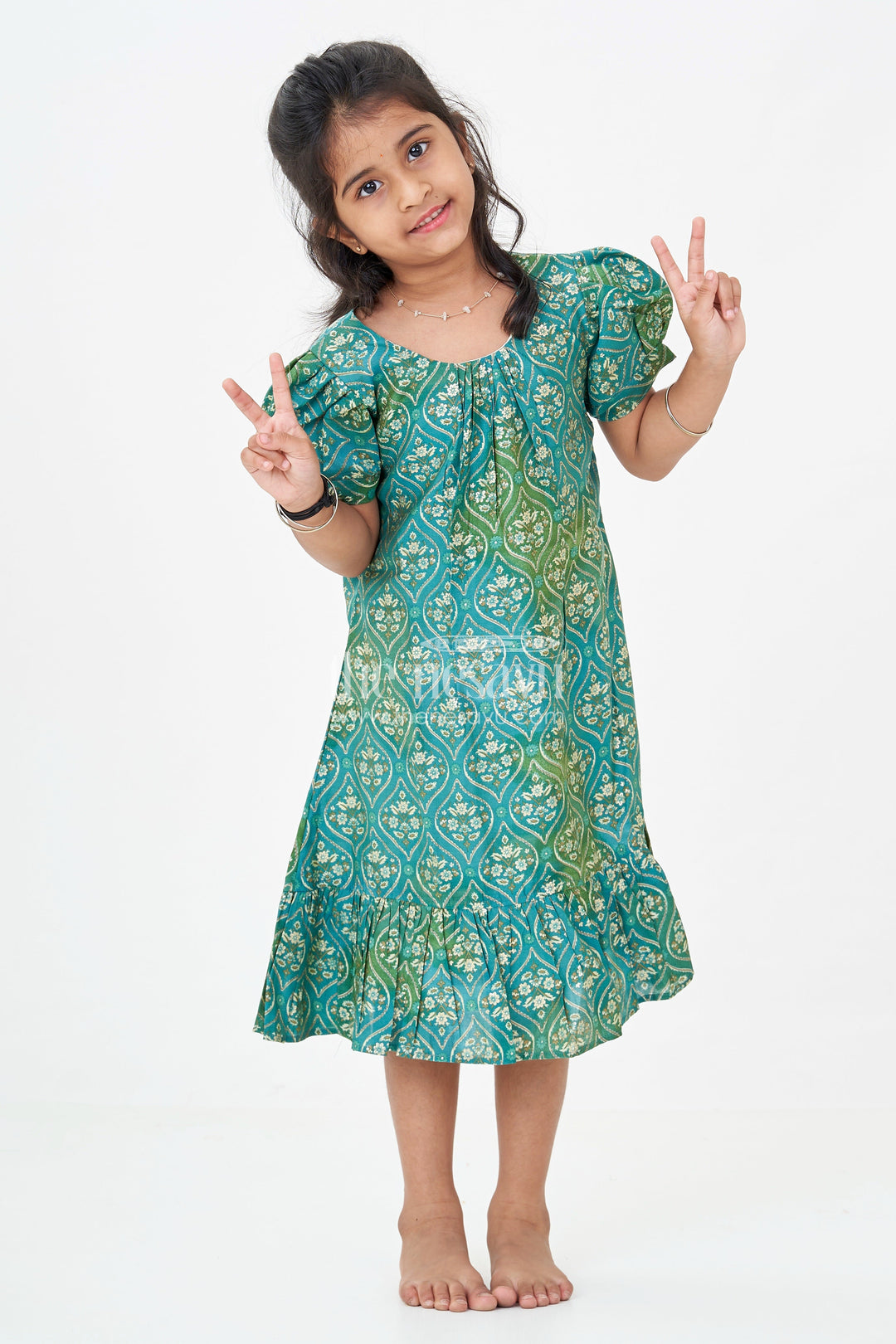 The Nesavu Girls Fancy Frock Girls Long Frock New Model in Green Modal Silk with Ornamental Digital Print and Puff Sleeves Nesavu 18 (2Y) / Green GFC1754B-18 Nesavu Green Modal Silk Long Frock New Model Ruffle Hem Puff Sleeves Girls