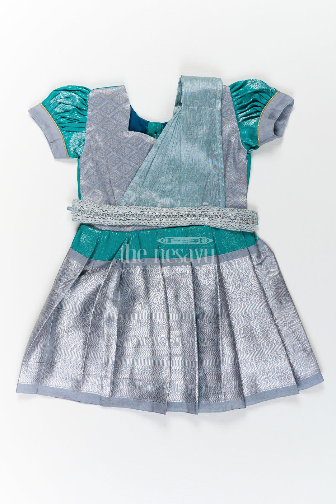 The Nesavu Girls Kanchi Silk Frock Girls Long Frock with Silk Dupatta in Semi Kanchivaram with Silver Zari and Green Brocade Pleated Elegance Nesavu 16 (1Y) / Green / Style 1 SF860AA-16 Nesavu Girls Long Frock with Silk Dupatta in Semi Kanchivaram with Silver Zari and Brocade Green Detail