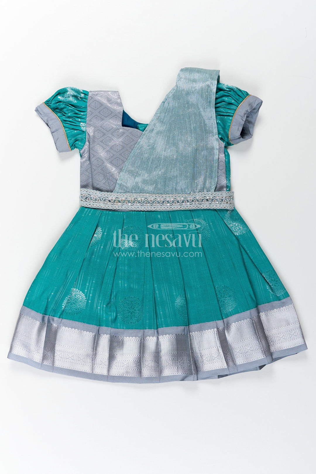 The Nesavu Girls Kanchi Silk Frock Girls Long Frock with Silk Dupatta in Semi Kanchivaram with Silver Zari and Green Brocade Pleated Elegance Nesavu 18 (2Y) / Green / Style 4 SF860AD-18 Nesavu Girls Long Frock with Silk Dupatta in Semi Kanchivaram with Silver Zari and Brocade Green Detail