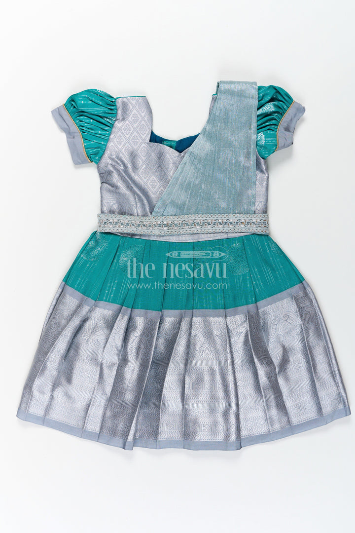 The Nesavu Girls Kanchi Silk Frock Girls Long Frock with Silk Dupatta in Semi Kanchivaram with Silver Zari and Green Brocade Pleated Elegance Nesavu 20 (3Y) / Green / Style 2 SF860AB-20 Nesavu Girls Long Frock with Silk Dupatta in Semi Kanchivaram with Silver Zari and Brocade Green Detail