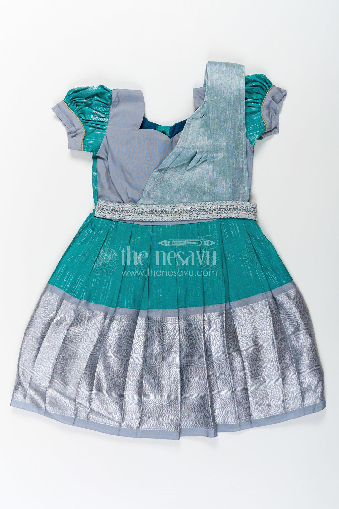The Nesavu Girls Kanchi Silk Frock Girls Long Frock with Silk Dupatta in Semi Kanchivaram with Silver Zari and Green Brocade Pleated Elegance Nesavu 22 (4Y) / Green / Style 3 SF860AC-22 Nesavu Girls Long Frock with Silk Dupatta in Semi Kanchivaram with Silver Zari and Brocade Green Detail