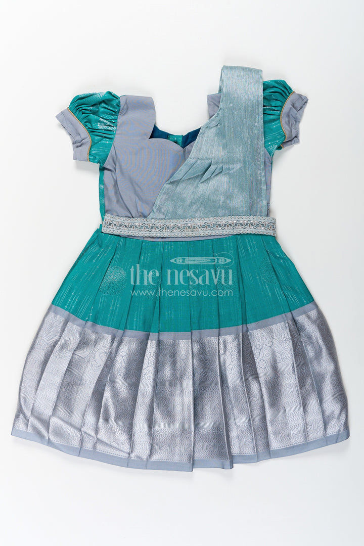 The Nesavu Girls Kanchi Silk Frock Girls Long Frock with Silk Dupatta in Semi Kanchivaram with Silver Zari and Green Brocade Pleated Elegance Nesavu 22 (4Y) / Green / Style 3 SF860AC-22 Nesavu Girls Long Frock with Silk Dupatta in Semi Kanchivaram with Silver Zari and Brocade Green Detail