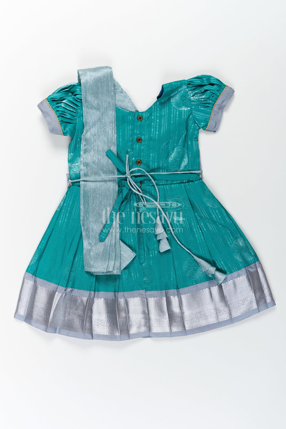 The Nesavu Girls Kanchi Silk Frock Girls Long Frock with Silk Dupatta in Semi Kanchivaram with Silver Zari and Green Brocade Pleated Elegance Nesavu Nesavu Girls Long Frock with Silk Dupatta in Semi Kanchivaram with Silver Zari and Brocade Green Detail