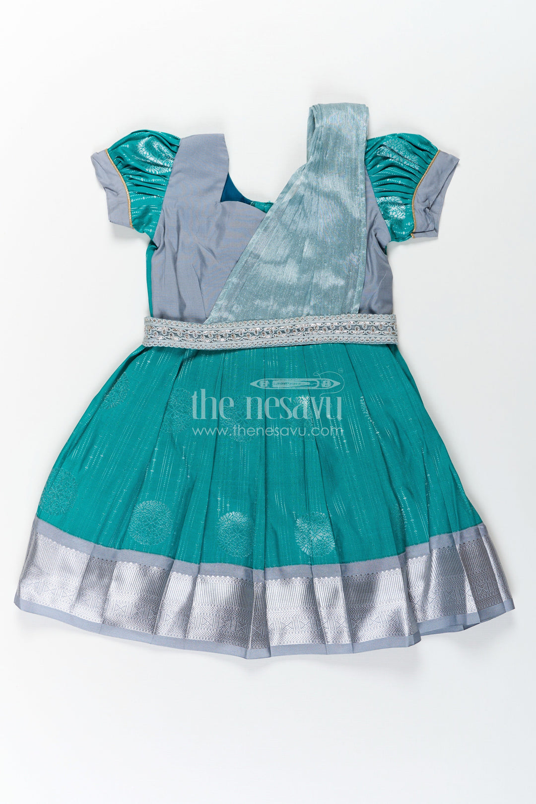 The Nesavu Girls Kanchi Silk Frock Girls Long Frock with Silk Dupatta in Semi Kanchivaram with Silver Zari and Green Brocade Pleated Elegance Nesavu Nesavu Girls Long Frock with Silk Dupatta in Semi Kanchivaram with Silver Zari and Brocade Green Detail