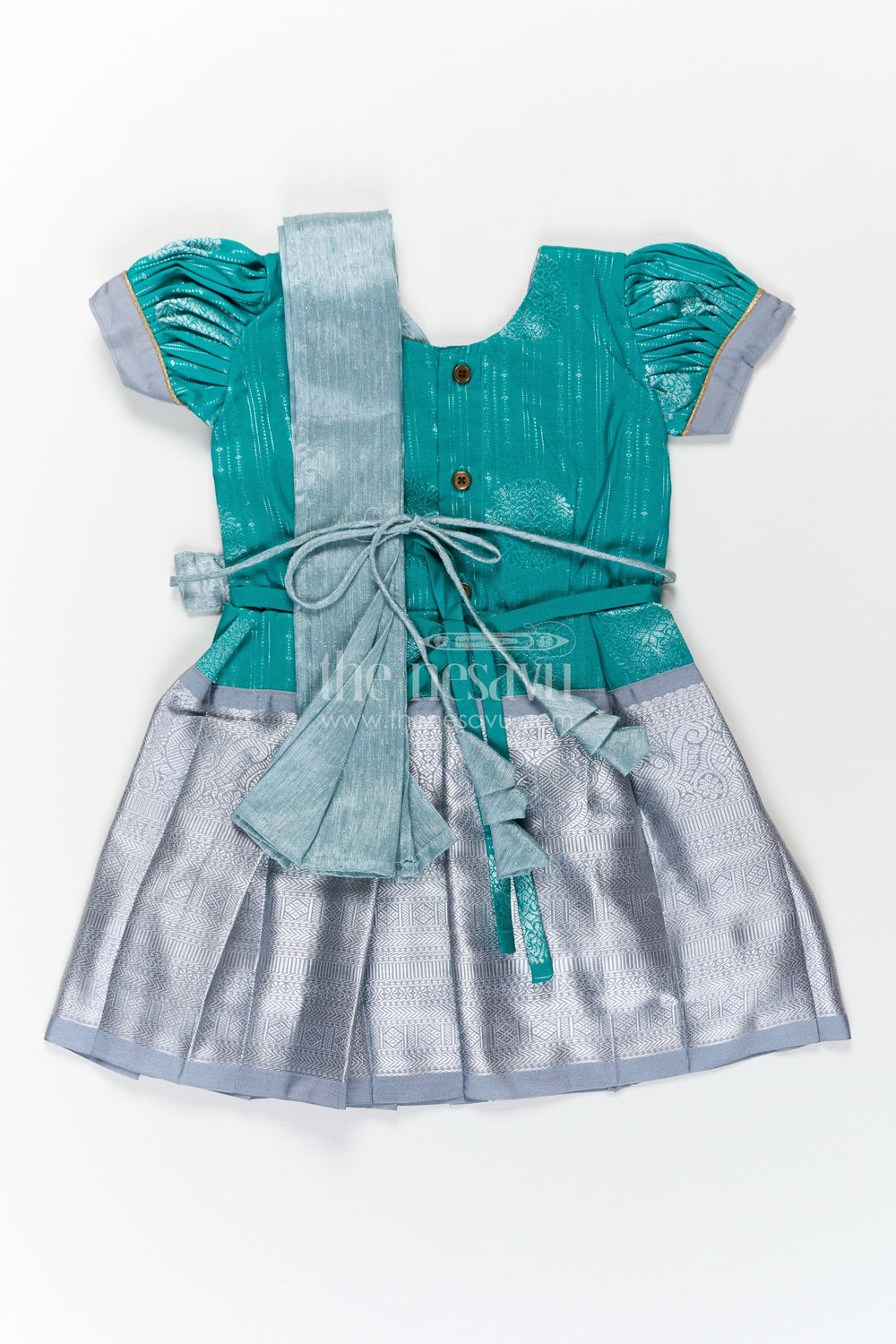 The Nesavu Girls Kanchi Silk Frock Girls Long Frock with Silk Dupatta in Semi Kanchivaram with Silver Zari and Green Brocade Pleated Elegance Nesavu Nesavu Girls Long Frock with Silk Dupatta in Semi Kanchivaram with Silver Zari and Brocade Green Detail