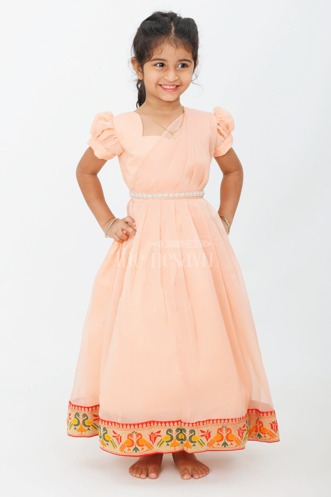 The Nesavu Girls Casual Gown Girls Long Party Gown in Georgette with Puff Sleeves and Embroidered Border Nesavu 18 (2Y) / Peach GA273A-18 Nesavu Girls Long Party Gown Georgette Puff Sleeves Embroidered Hem