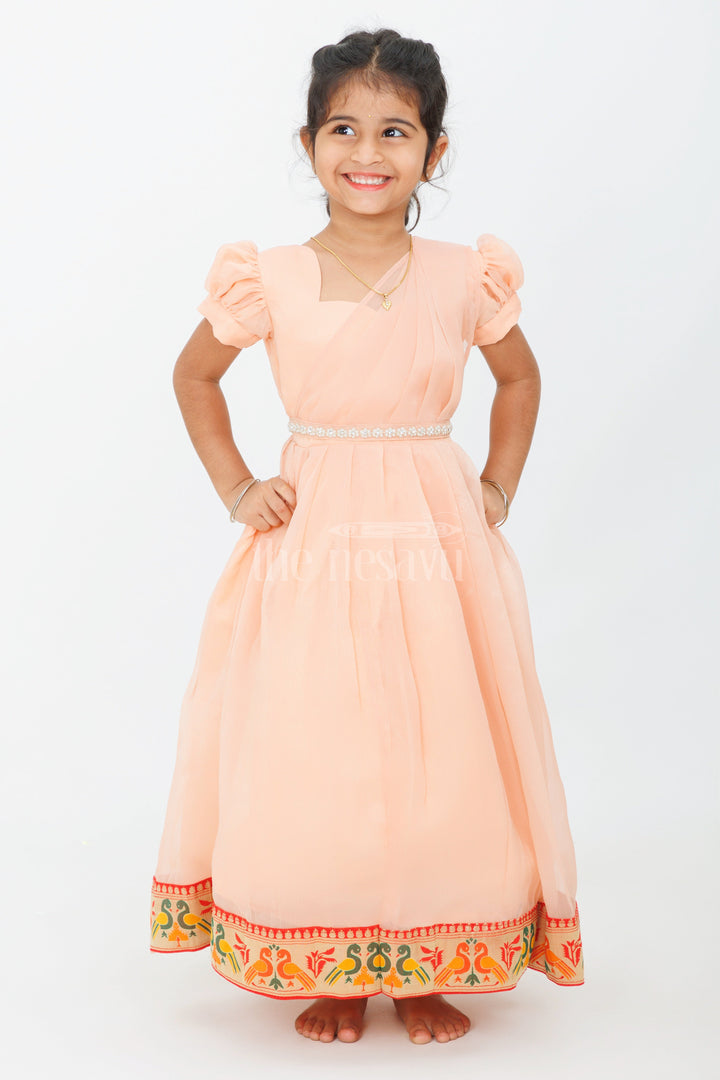 The Nesavu Girls Casual Gown Girls Long Party Gown in Georgette with Puff Sleeves and Embroidered Border Nesavu Nesavu Girls Long Party Gown Georgette Puff Sleeves Embroidered Hem