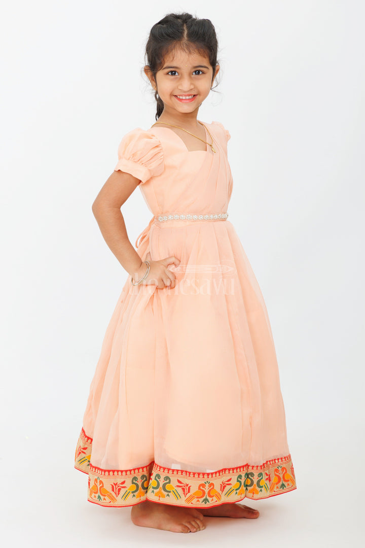 The Nesavu Girls Casual Gown Girls Long Party Gown in Georgette with Puff Sleeves and Embroidered Border Nesavu Nesavu Girls Long Party Gown Georgette Puff Sleeves Embroidered Hem