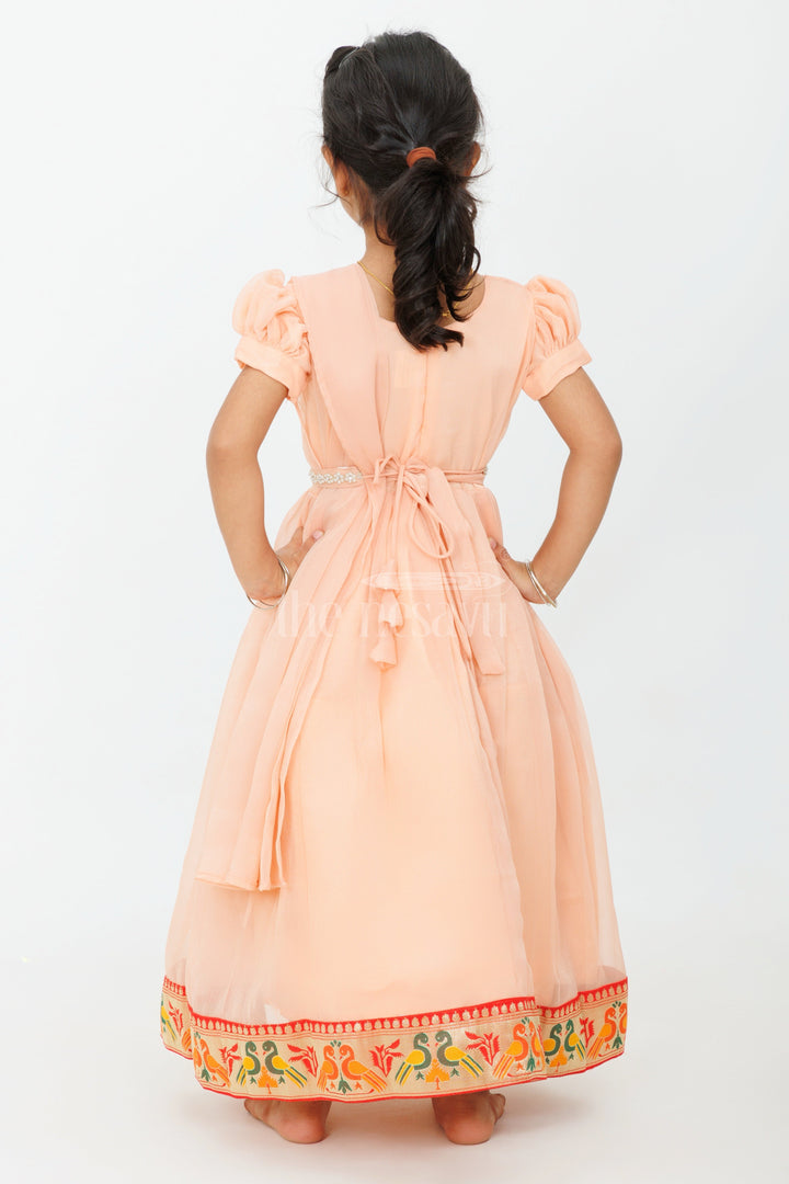 The Nesavu Girls Casual Gown Girls Long Party Gown in Georgette with Puff Sleeves and Embroidered Border Nesavu Nesavu Girls Long Party Gown Georgette Puff Sleeves Embroidered Hem