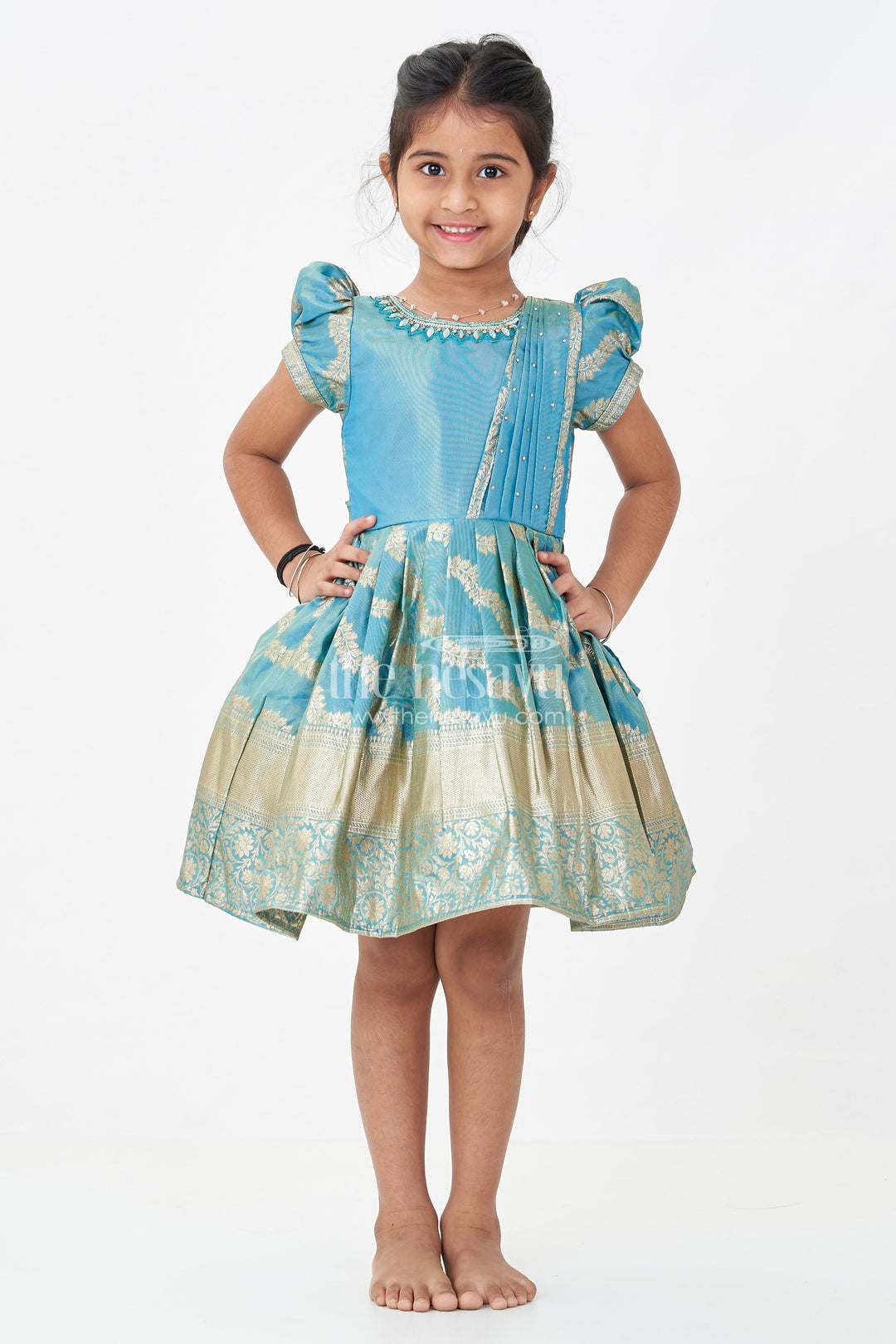 The Nesavu Silk Frock Girls Long Pattu Frocks in Blue Organza Silk Banarasi with Zari Big Border and Puff Sleeves Nesavu 16 (1Y) / Blue SF1025B-16 Nesavu Girls Long Pattu Frocks Organza Silk Banarasi Zari Big Border Puff Sleeves